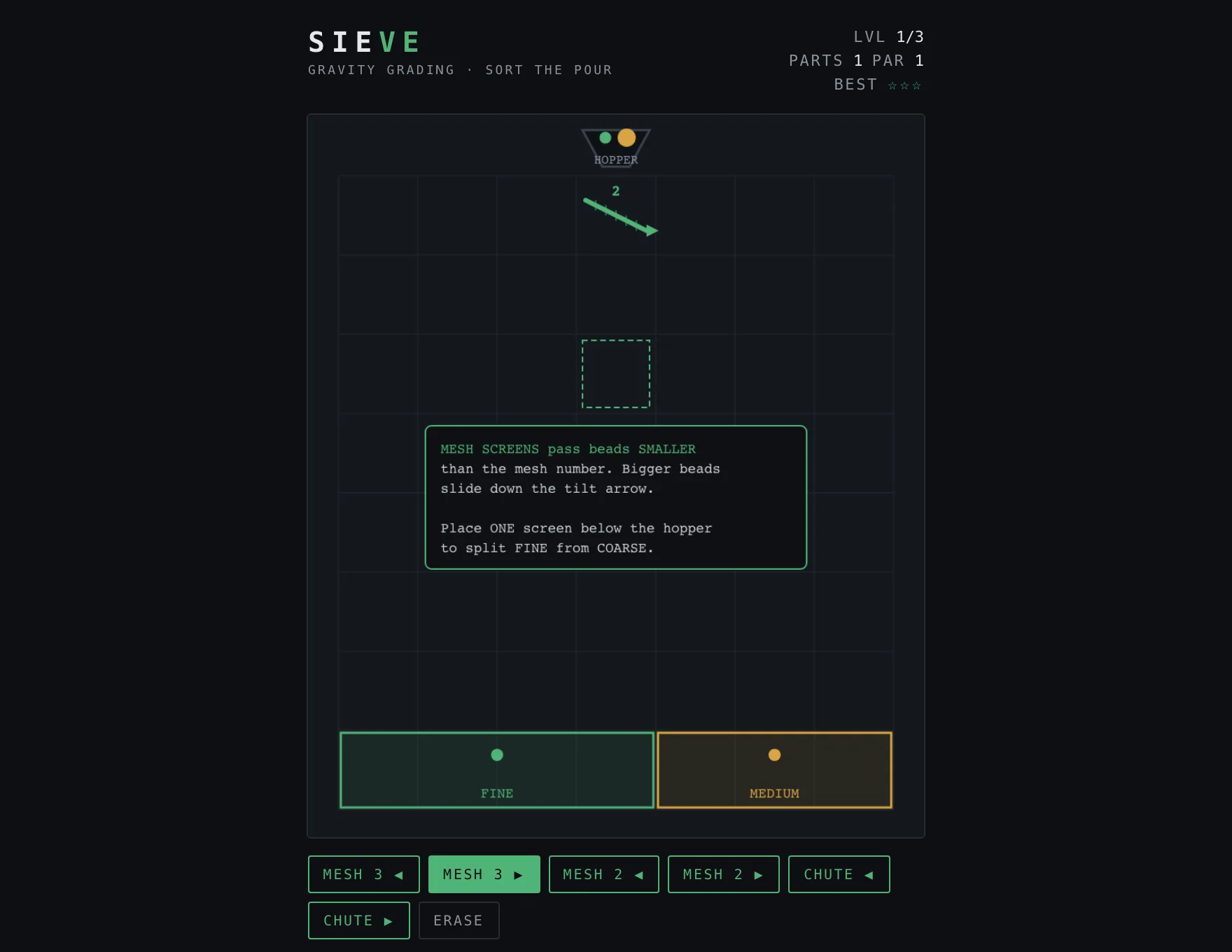 Sieve — Assembled stage of play